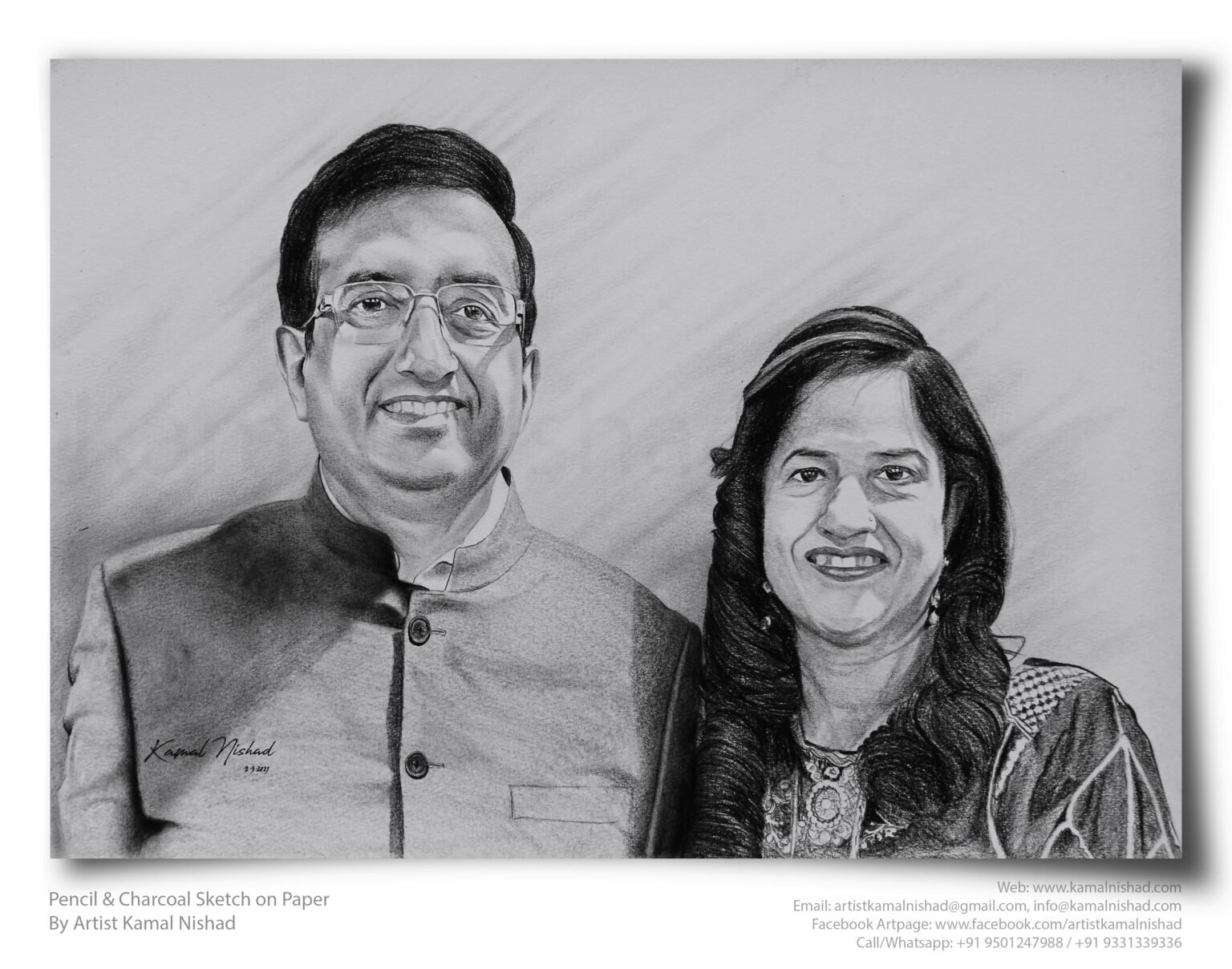ANNIVERSARY COUPLE | Pencil & Charcoal Sketch Title : ANNIVERSARY COUPLE Medium : Pencil & Charcoal Sketch Size : A3 Paper size (Sketch size 18.5 x 23.7 cm*) Artist : Kamal Nishad This is a Handmade/hand-drawn Sketch made with Pencil & Charcoal “ANNIVERSARY COUPLE”. This is a Gift from One of my Client to his parents. ? SIZE: Paper size A3 (work area 11.7 x 16.5 inches *estimated) Created by © Kamal Nishad. All rights reserved.